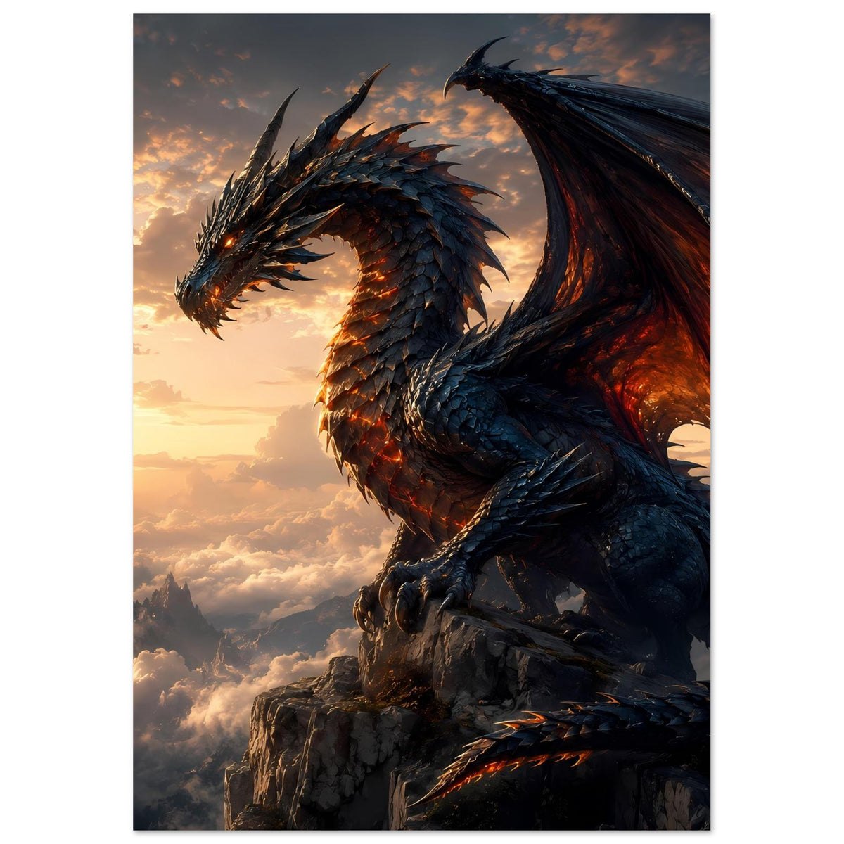 Fantasy-Poster im Hochformat: blauer Drache mit roten Flügelakzenten, leuchtende Augen über Wolken