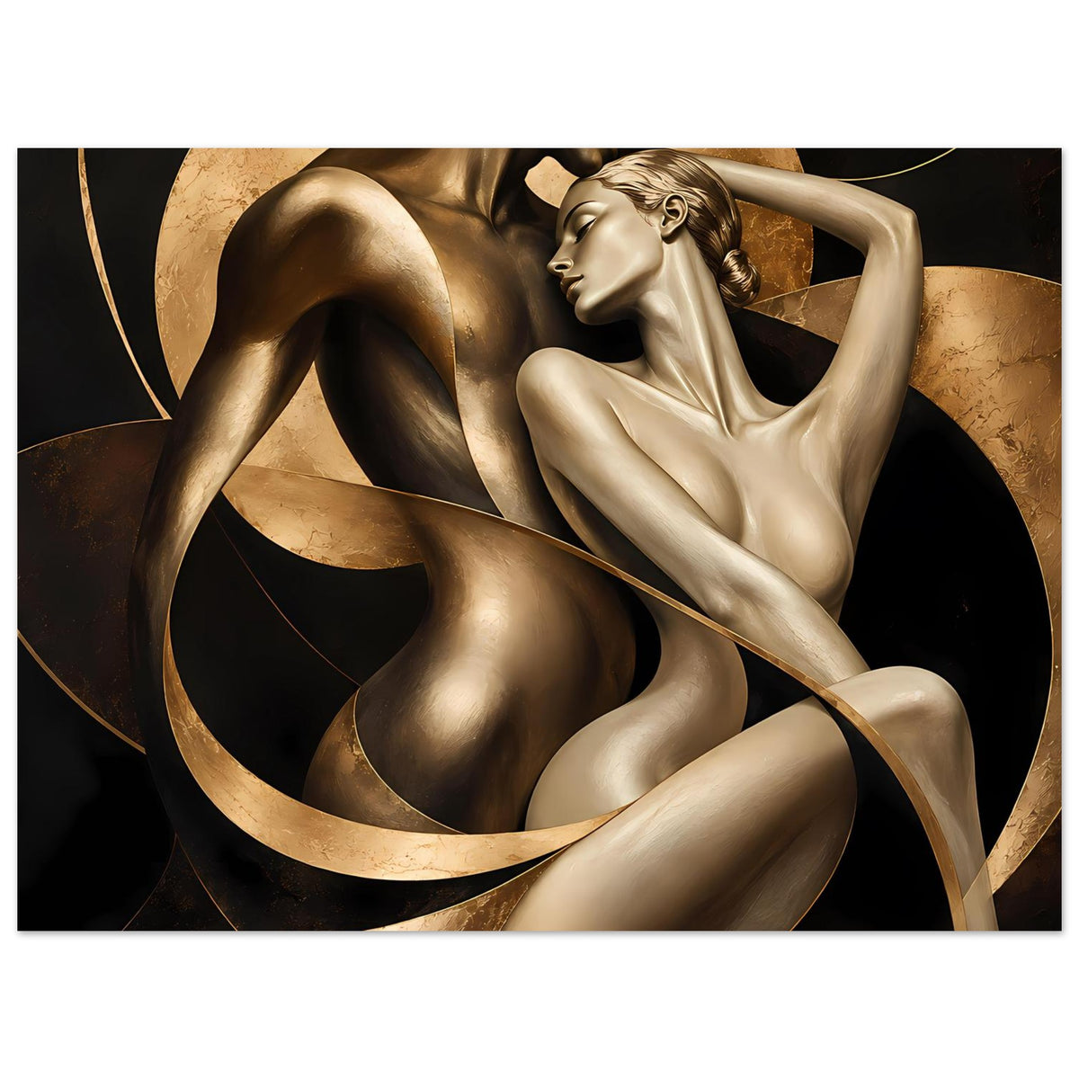 Kunstposter im Querformat mit goldenen Skulpturfiguren, weite Kreisbögen im Motiv