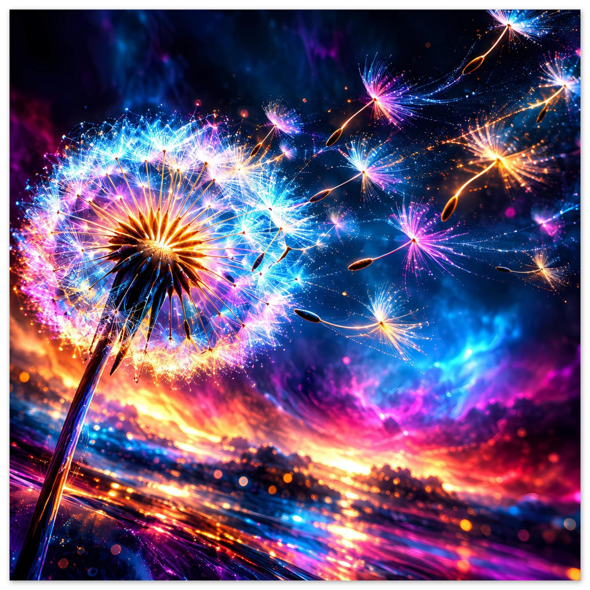 Neon-Feuerwerk-Poster im Querformat mit vielfarbigen Funken und Raketenbahnen