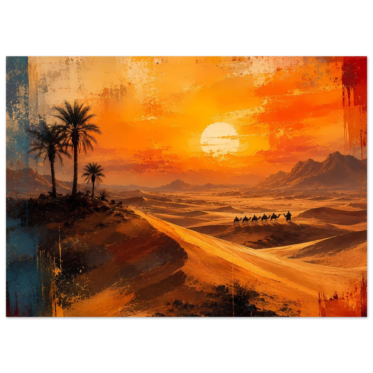 Horizontales Wüstenposter mit Palmen, Karawane und tief stehender Sonne im orangefarbenen Abendhimmel