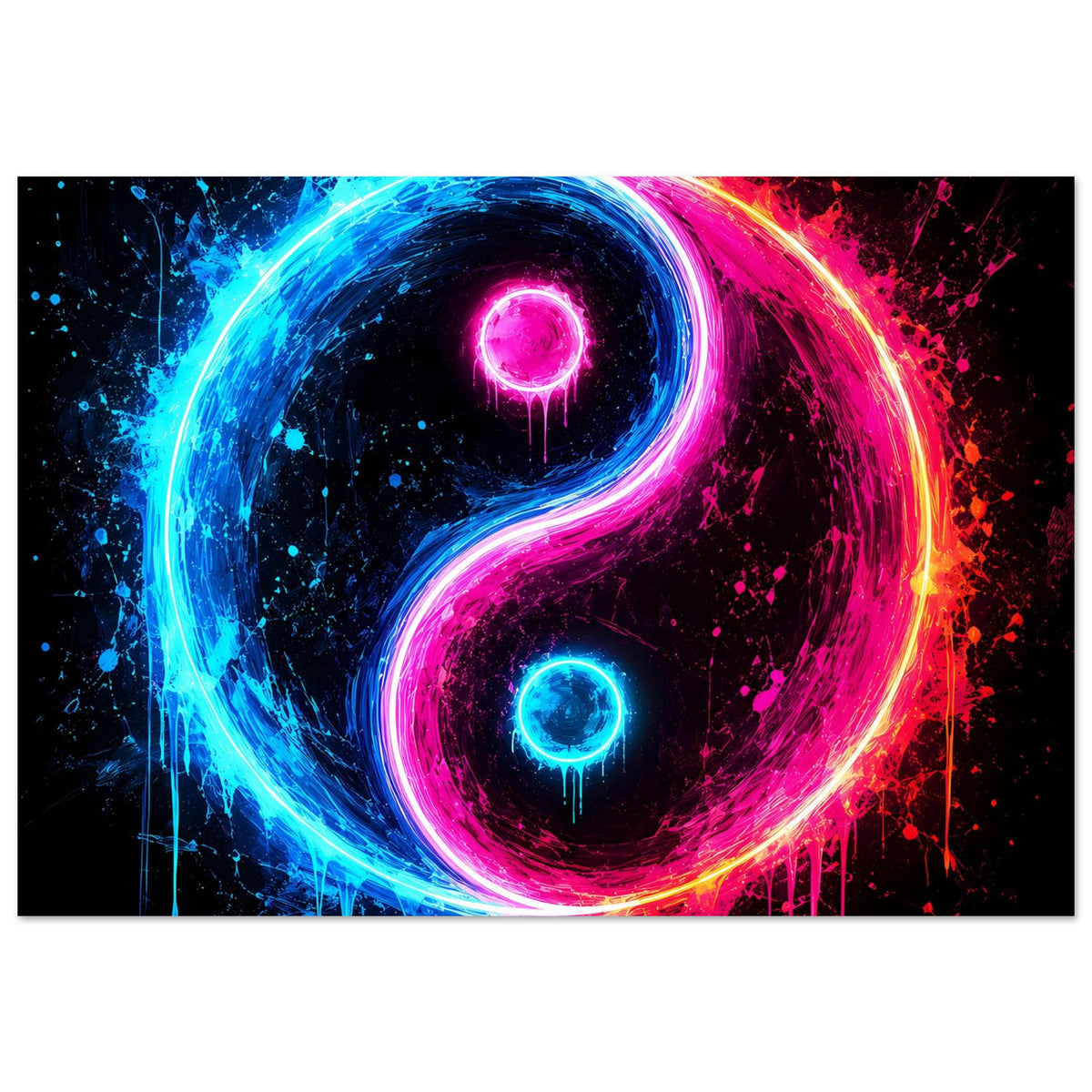 Neon-Yin-Yang-Poster, leuchtende Blau-Pink-Kurven des Yin-Yang mit Farbspritzern und Tropfen.