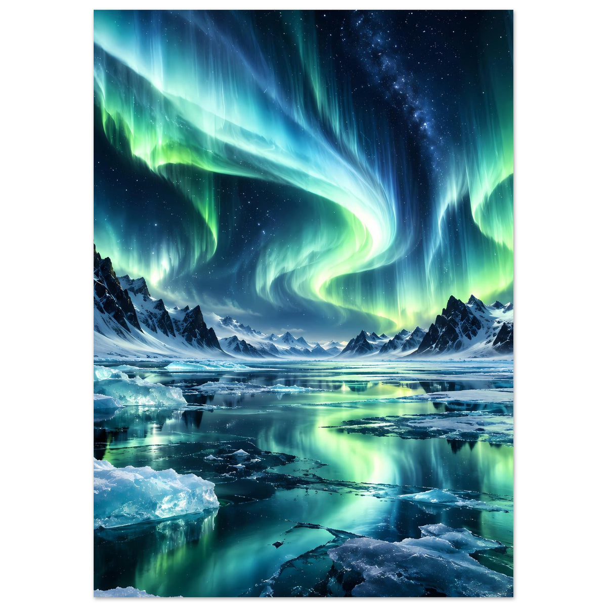 Nordlicht-Poster im Hochformat: grün-blaues Polarlicht über verschneitem Fjord
