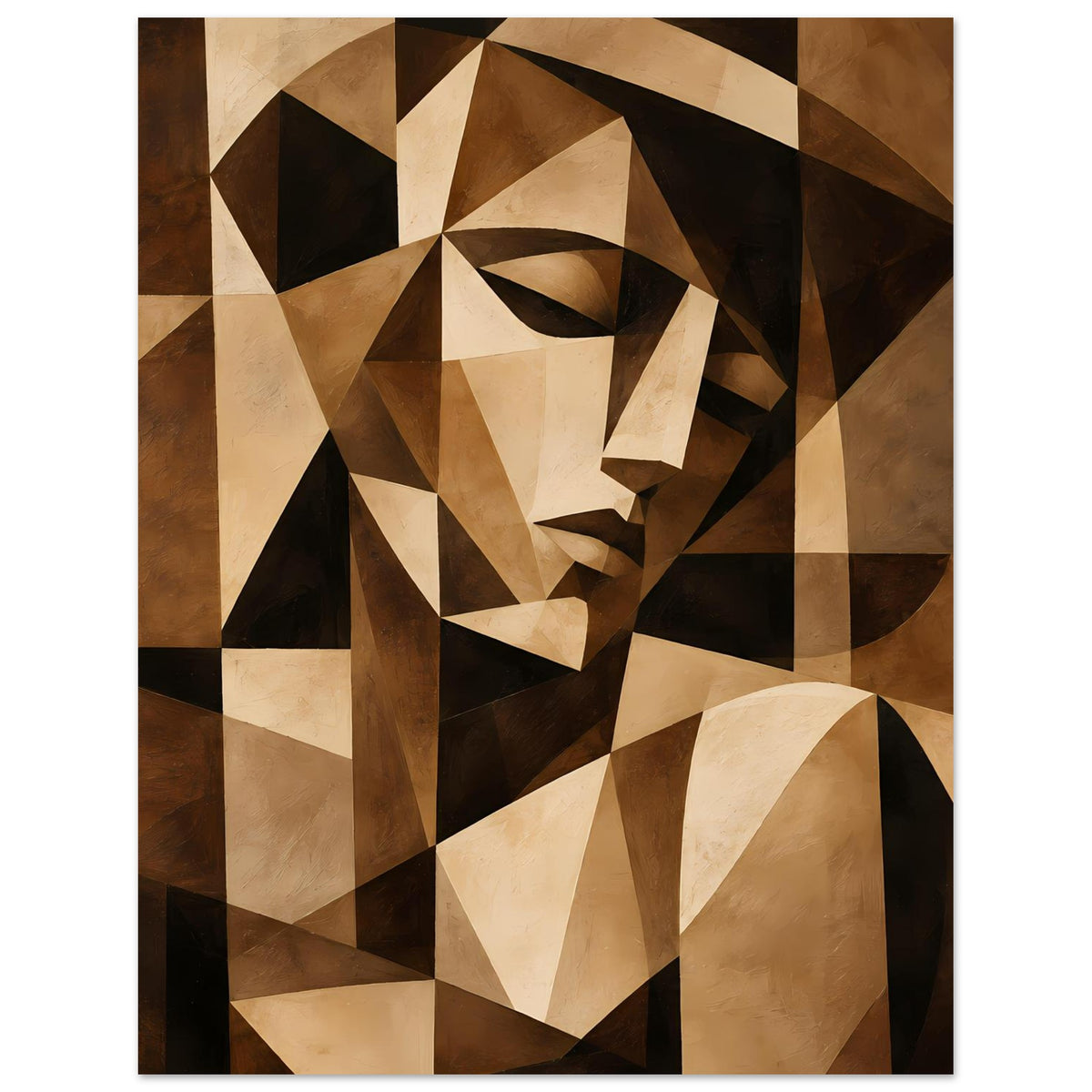 Abstraktes Kunstposter im Hochformat: geometrische Figur in Braun, Beige und Schwarztönen.