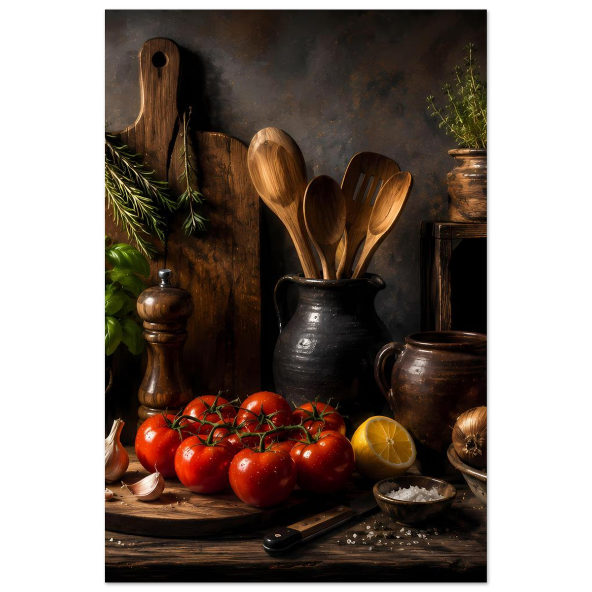 Hochformat-Poster mit Küchenstillleben: Tomatenplatte, Zwiebeln, dunkle Krüge und Küchenkräuter