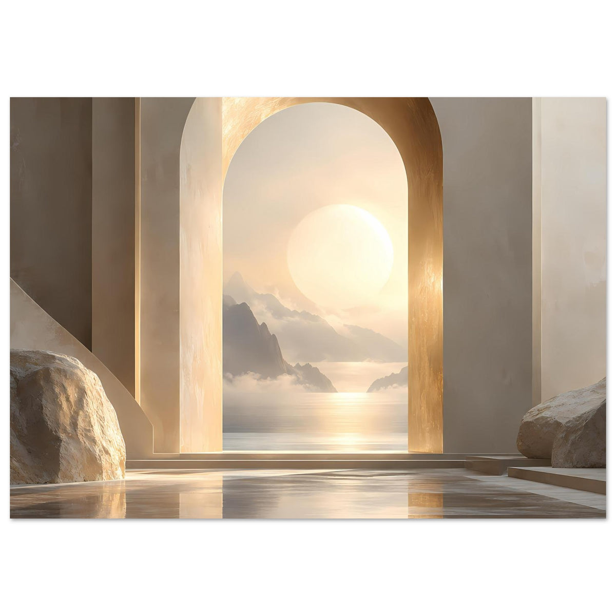 Wandposter mit Zen-Torbogen, helle Sonne im Hintergrund, Berge, Wasser und Felsen seitlich