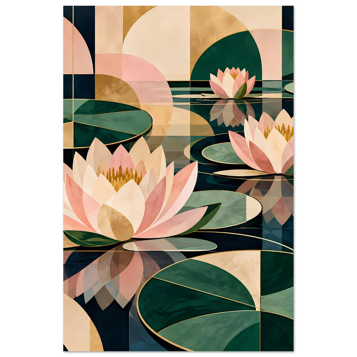 Lotus-Grafikposter vertikal, Seerosenblüte vorne, weitere Blüten im geometrischen Farbspiel