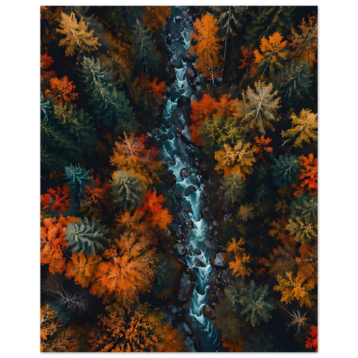 Vertikales gerahmtes Poster mit Herbstwald und blauem Bach zwischen orangefarbenen Bäumen