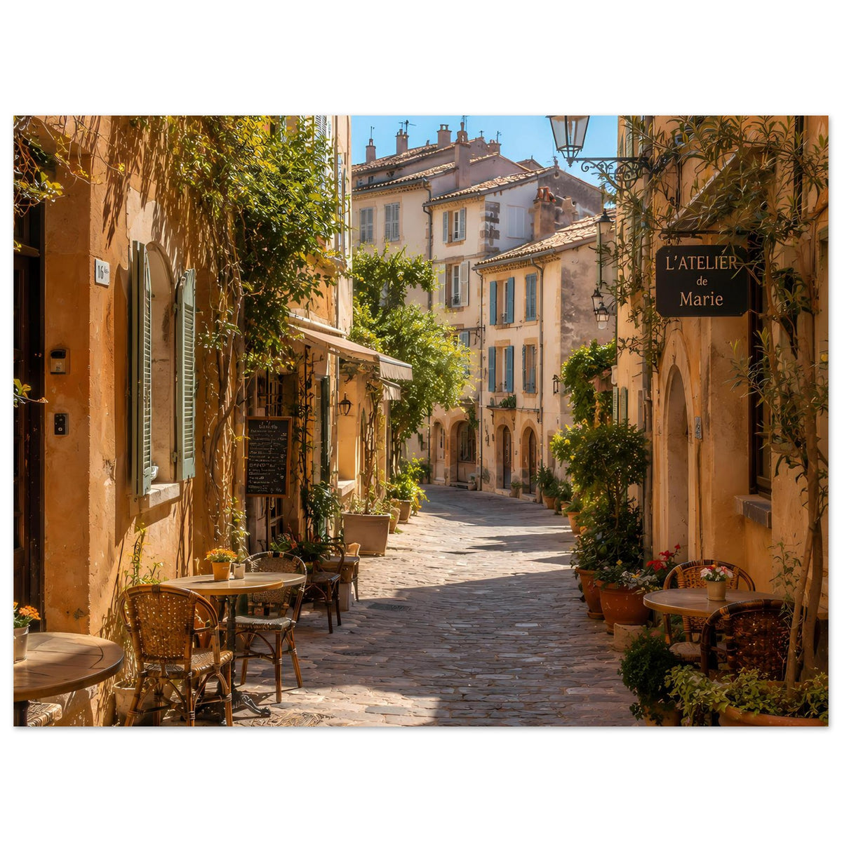 Poster einer europäischen Gasse mit Laterne, Häusern und Blumenampeln an beiden Seiten