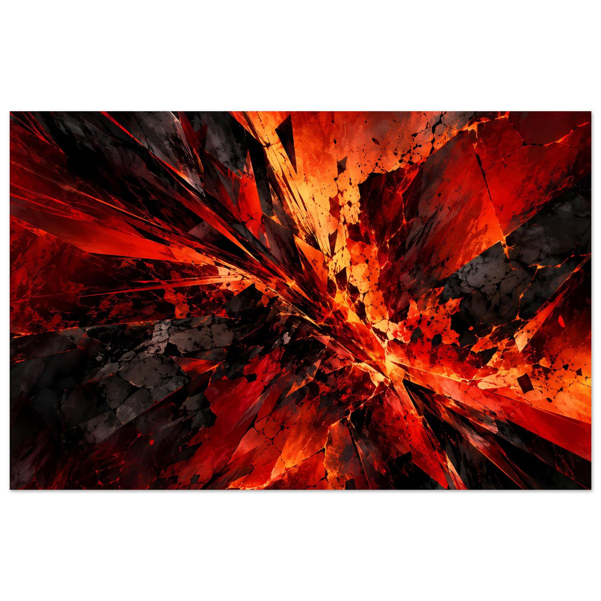 Abstraktes Kunstposter mit explosivem Strahlenmuster in Rot, Orange und Schwarz