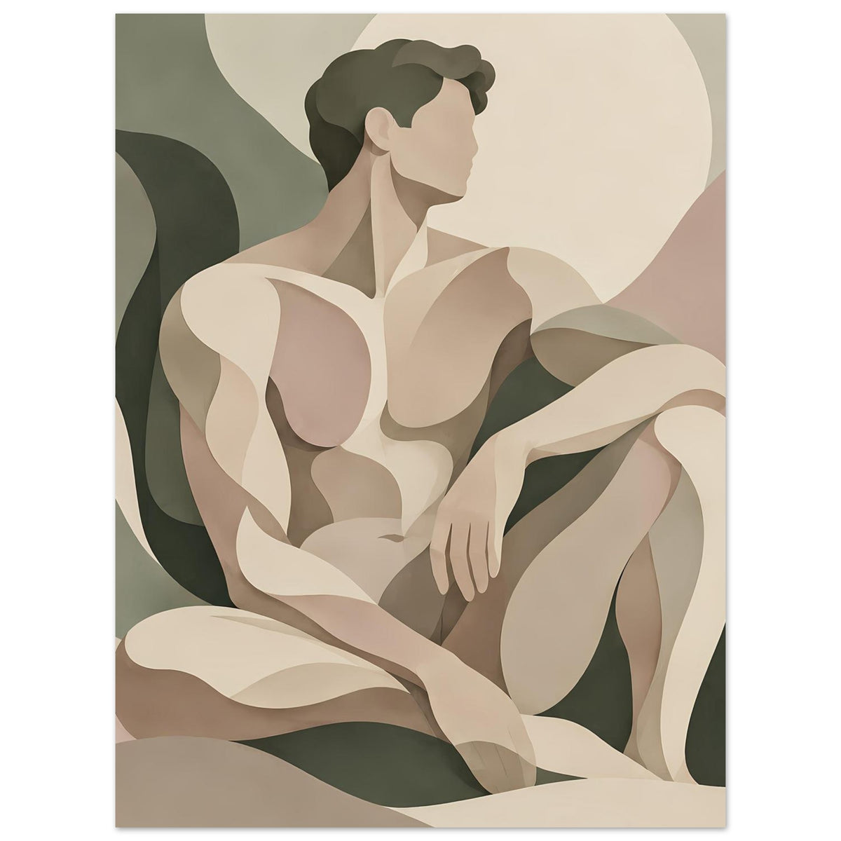 Abstraktes Poster: Männliche Aktfigur im Profil, erdige Beige-, Grün- und Rosatöne, Halbkreis