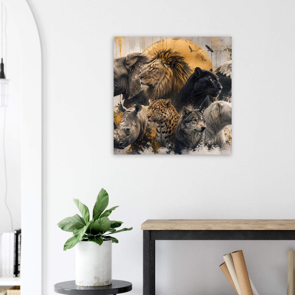Wildtier-Poster mit Löwe und Panther, zentraler Leopard, Gold- und Schwarztöne