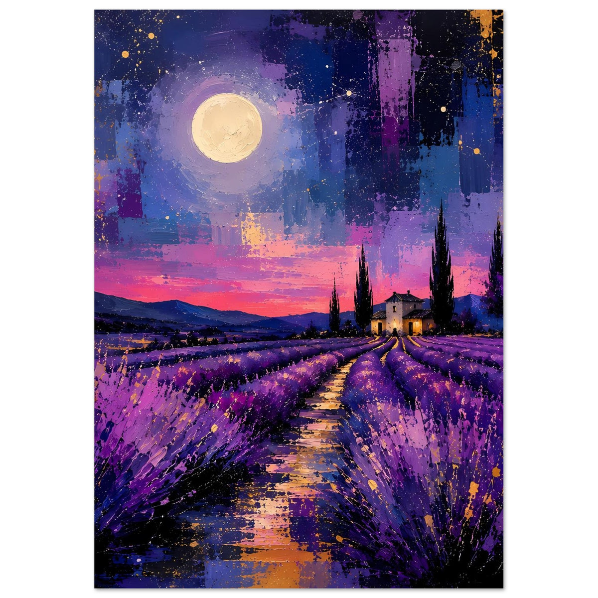 Poster mit Lavendelfeldweg, violettem Blütenmeer, Vollmond und Zypressen bei Nacht
