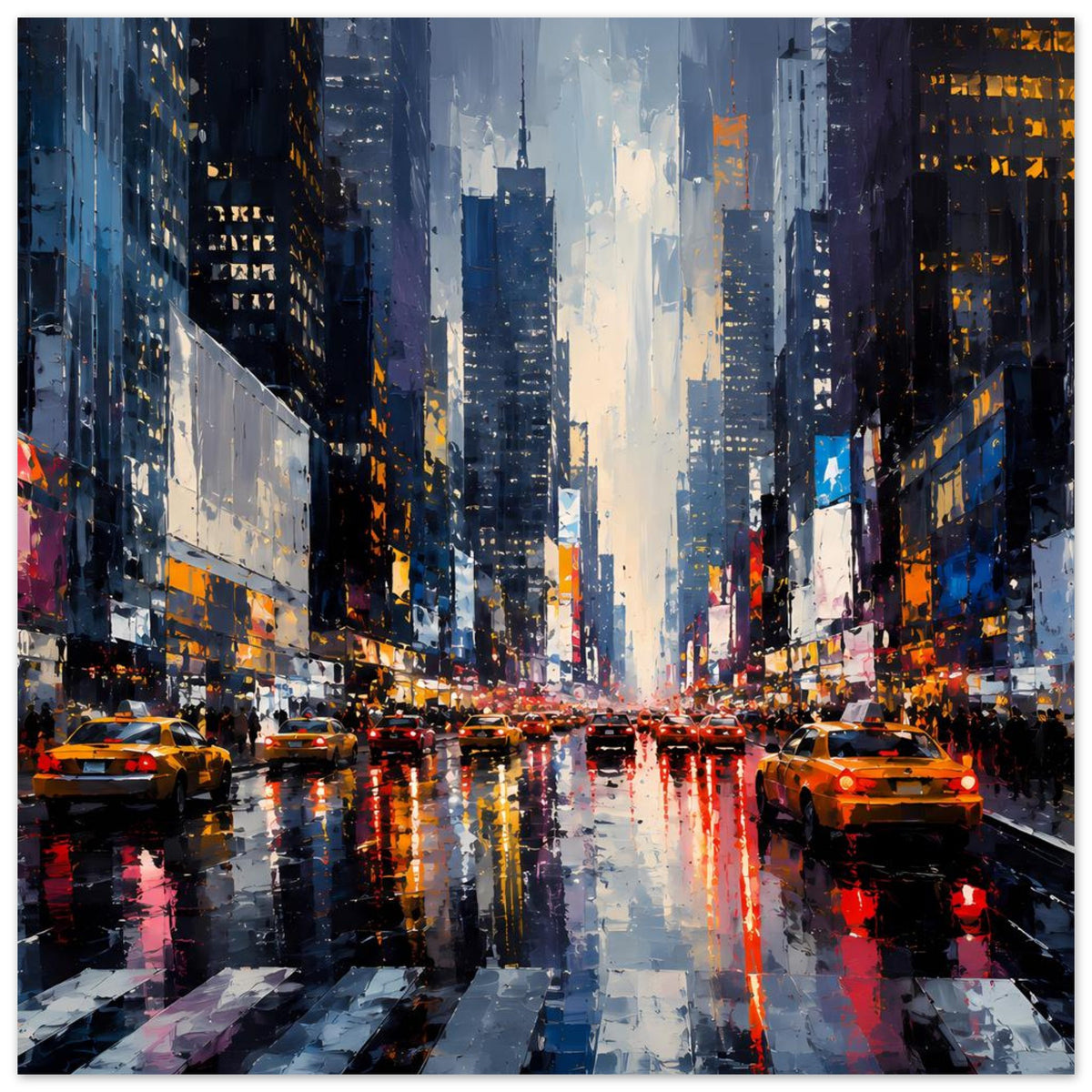 Stadtposter: Regenstraße mit Spiegelungen und orange Taxis, Querformat
