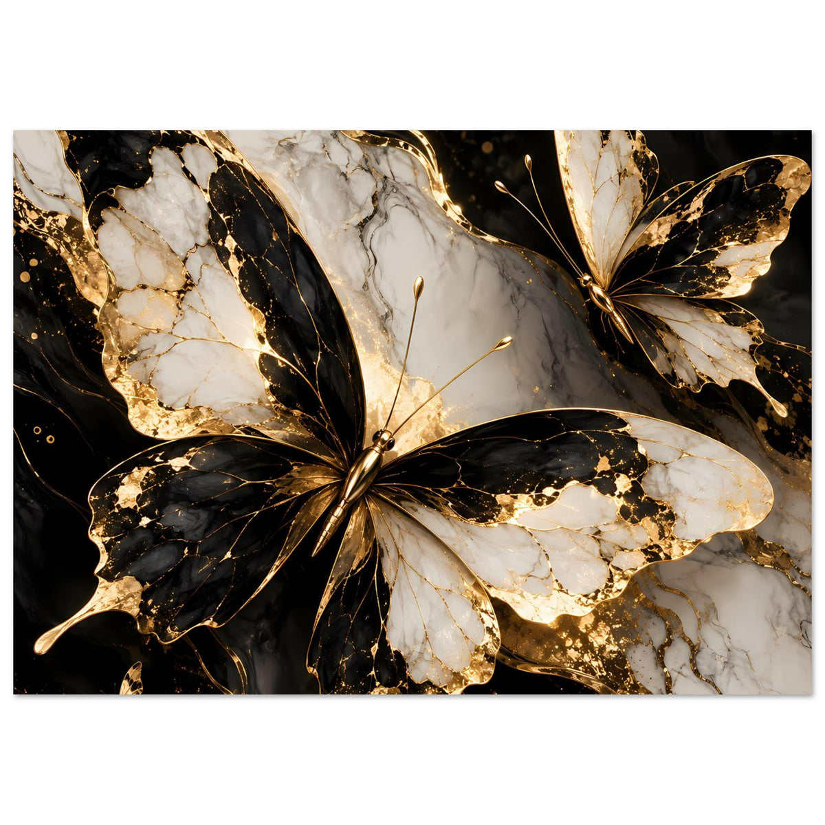 Naturposter mit Schmetterling und goldenen Details auf marmorierter Schwarzfläche