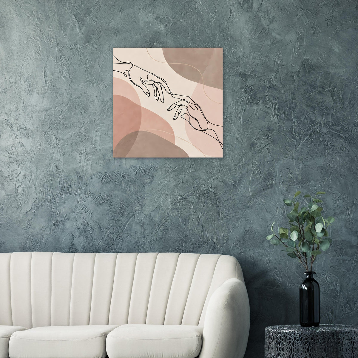 Quadratisches Wandbild mit Linienhänden und Erdtönen, abstrakte Flecken auf Leinwand