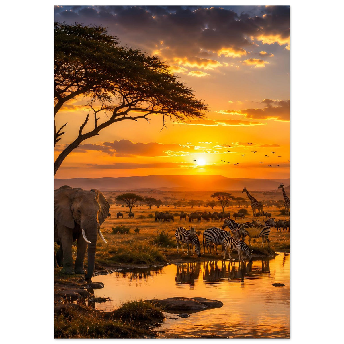 Poster im Hochformat: Elefanten links, Zebras am Wasserloch, Sonnenuntergang über der Savanne