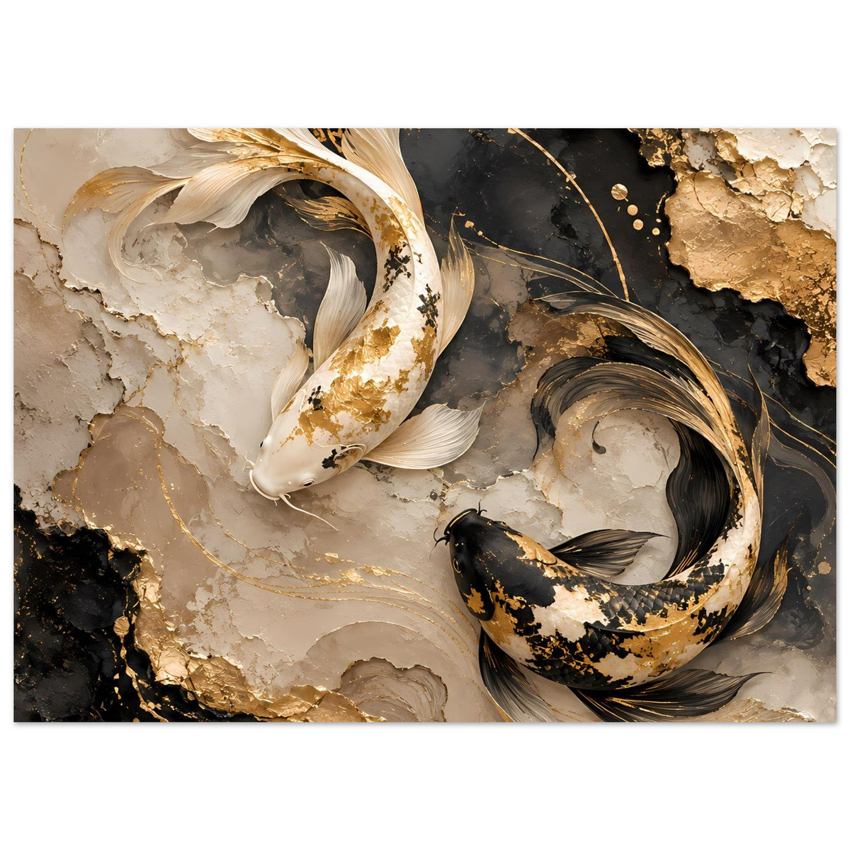 Kunstposter mit zwei Koi-Fischen in Gold und Dunkelgrau, umgeben von Marmorstrukturen