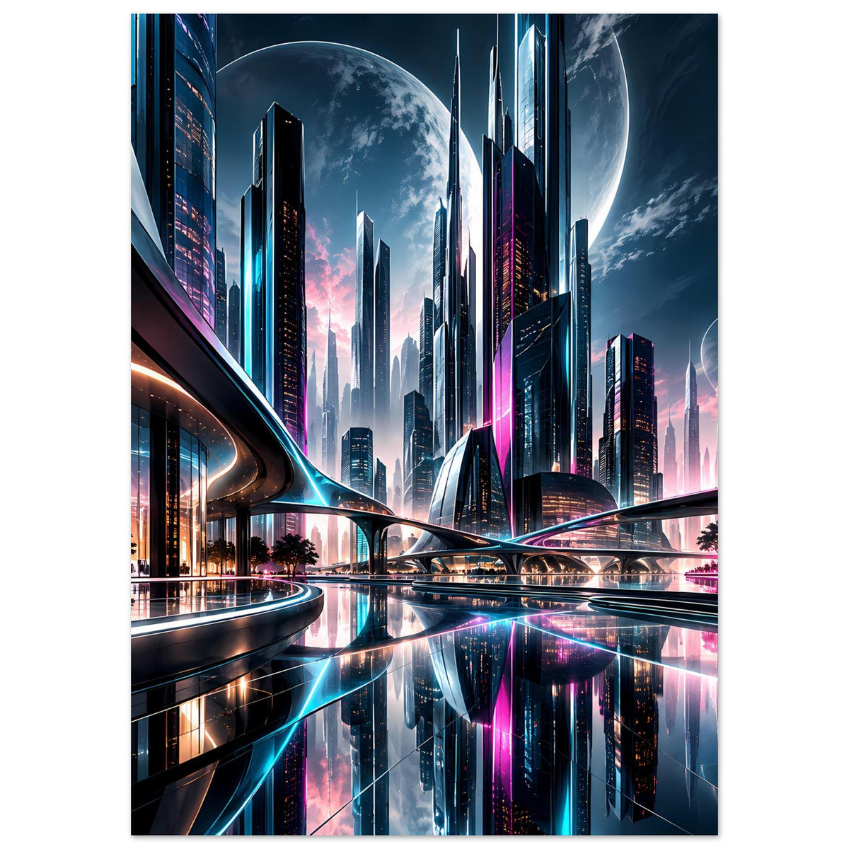 Poster mit futuristischer Stadtansicht, mehreren Türmen und Mondreflexionen im Wasser
