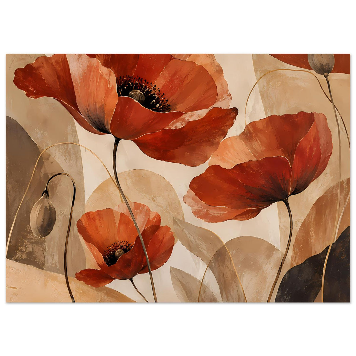 Breites Poster mit roten Mohnblumen, beige-grauen Hintergründen und mattem Papier.