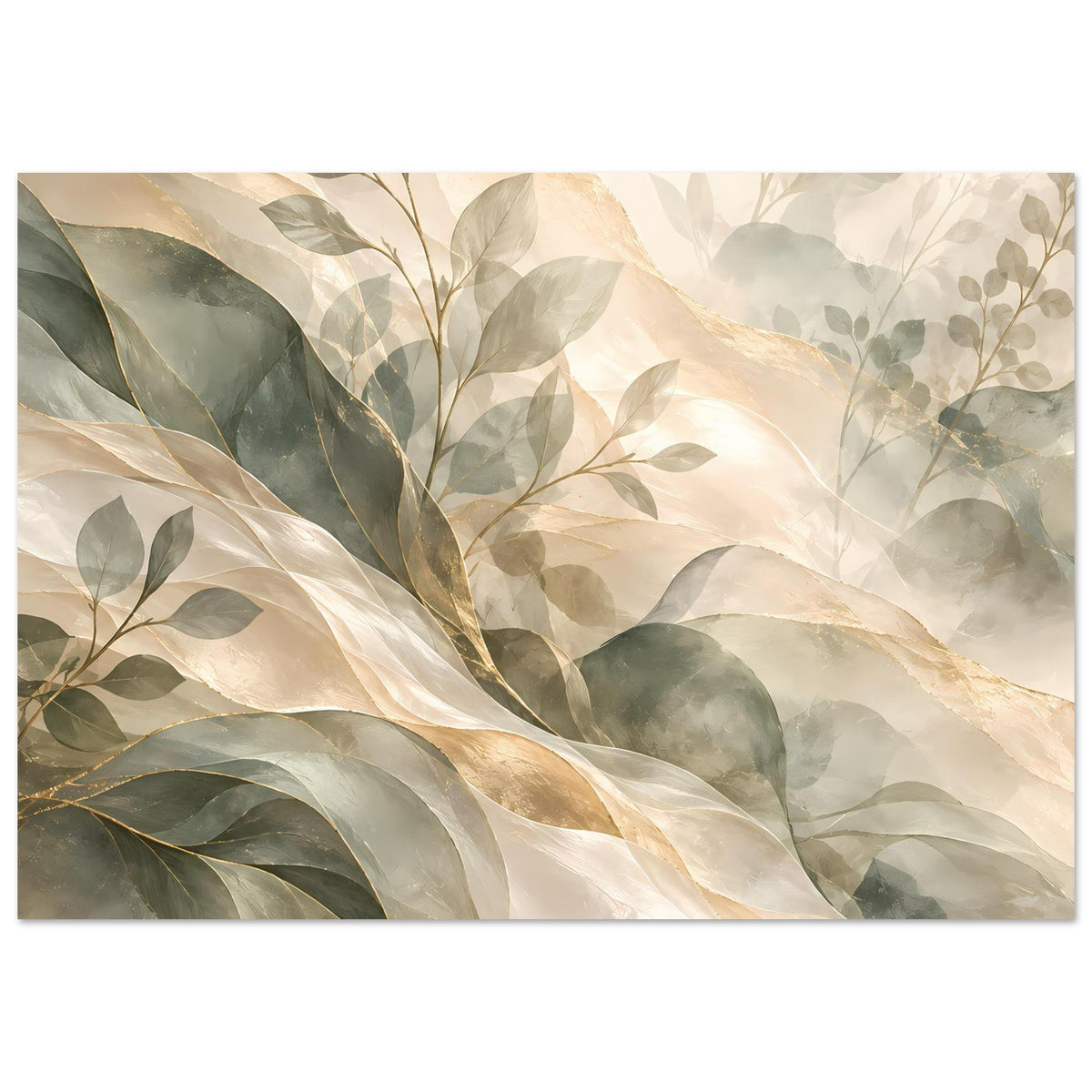 Rahmenkunstposter mit Blattzweigen und Blättermotiven in Salbeigrün, Creme und Gold