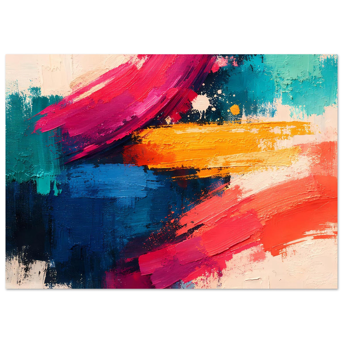 Abstraktes Poster mit breiten Pinselstrichen, Pink-Blau-Türkis und Orange auf hellem Grund