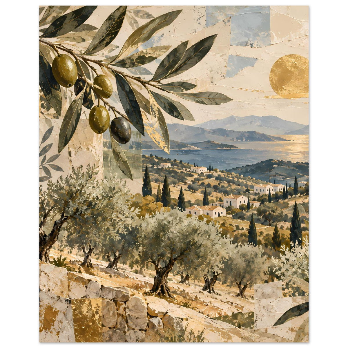 Mediterranes Poster mit Olivenzweigen, Olivenbäumen und Hügel-Landschaft mit Dorf
