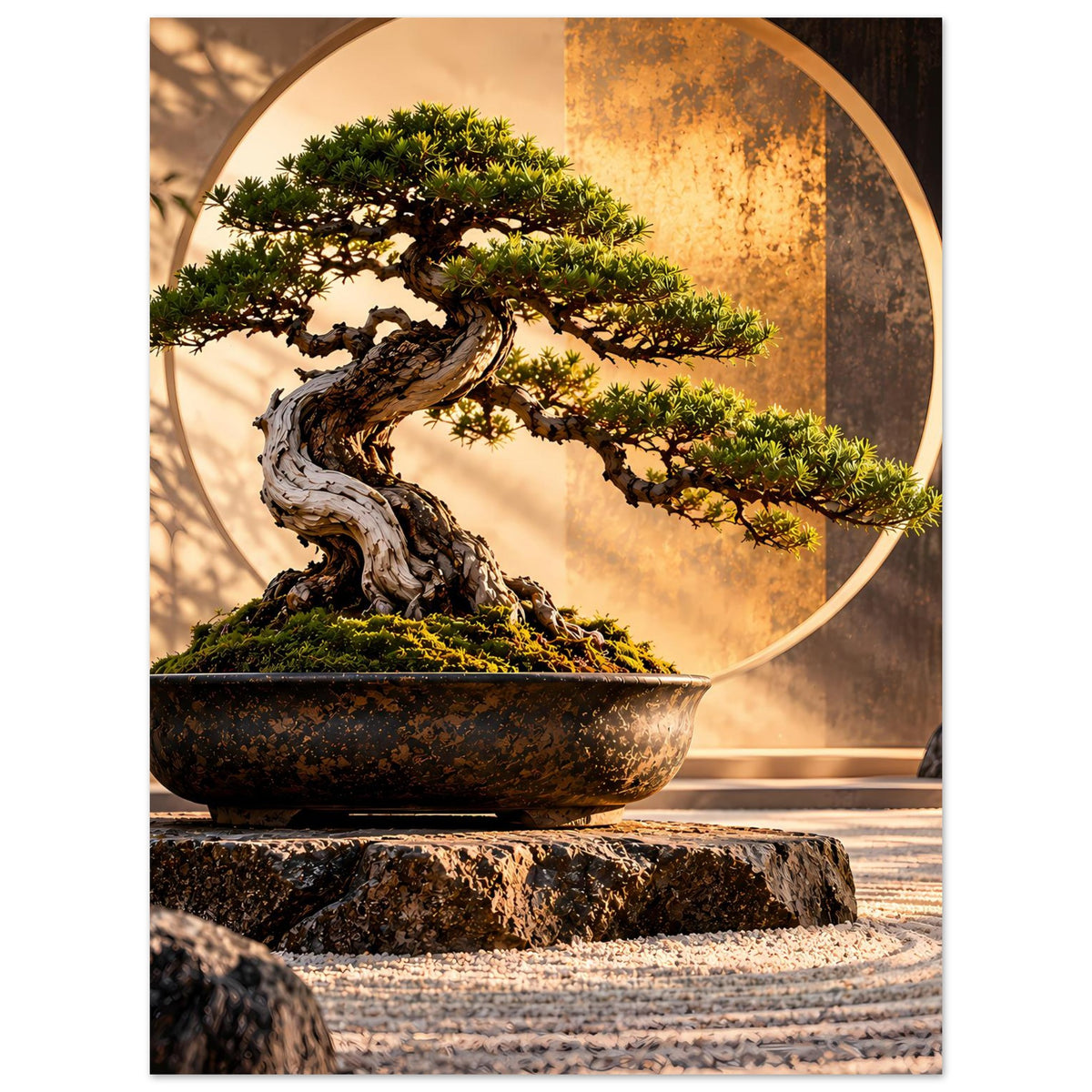Poster mit Bonsai-Baum und dunkler Schale, goldener Kreis, schwarzer Rand; Szene im Nahblick