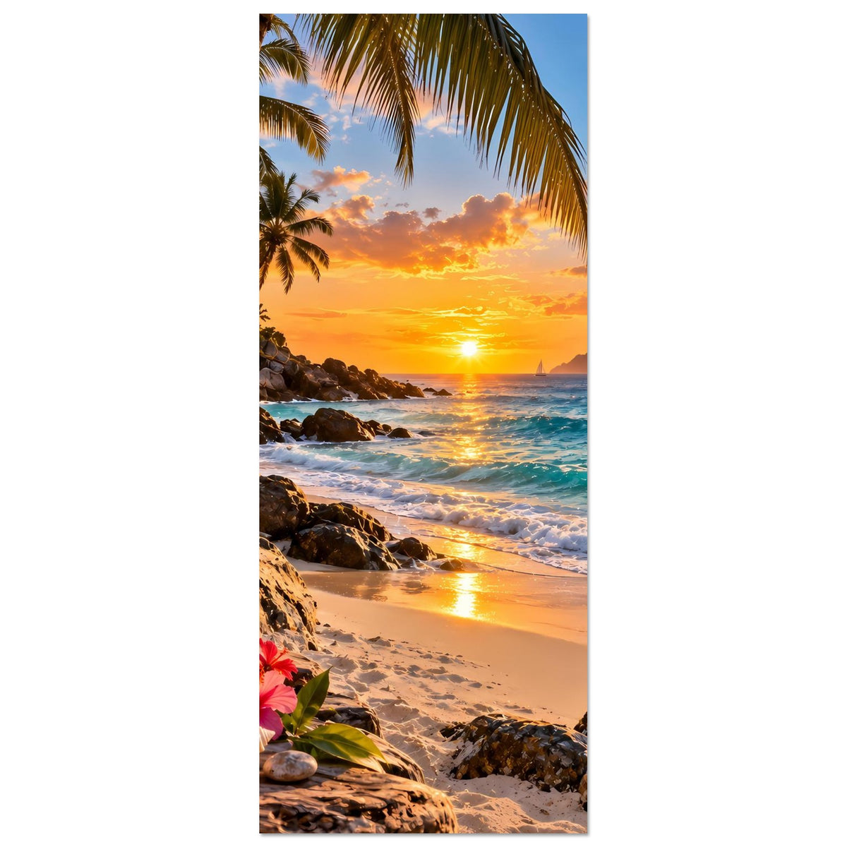Vertikales Strandposter mit Palmen, Sonnenuntergang, Meer und Felsen