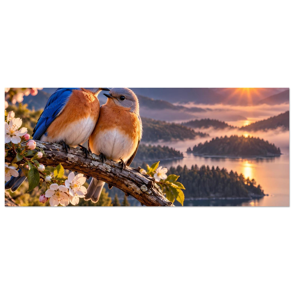 Querformat-Poster: zwei Vögel auf Ast, Sonnenuntergang mit Bergen und See im Hintergrund