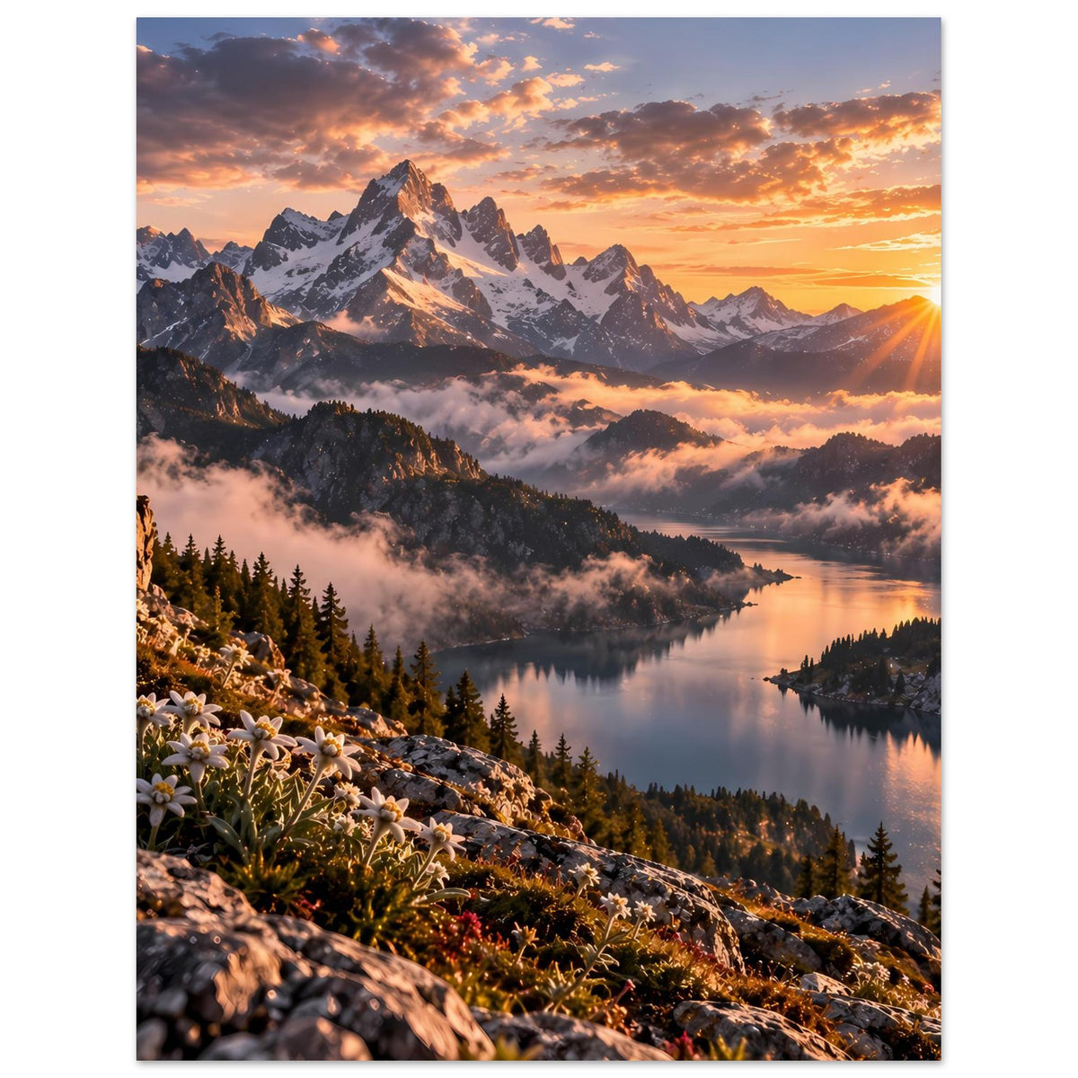 Alpenposter: Sonnenaufgang über Alpen, Bergsee und Blüten am steilen Hang