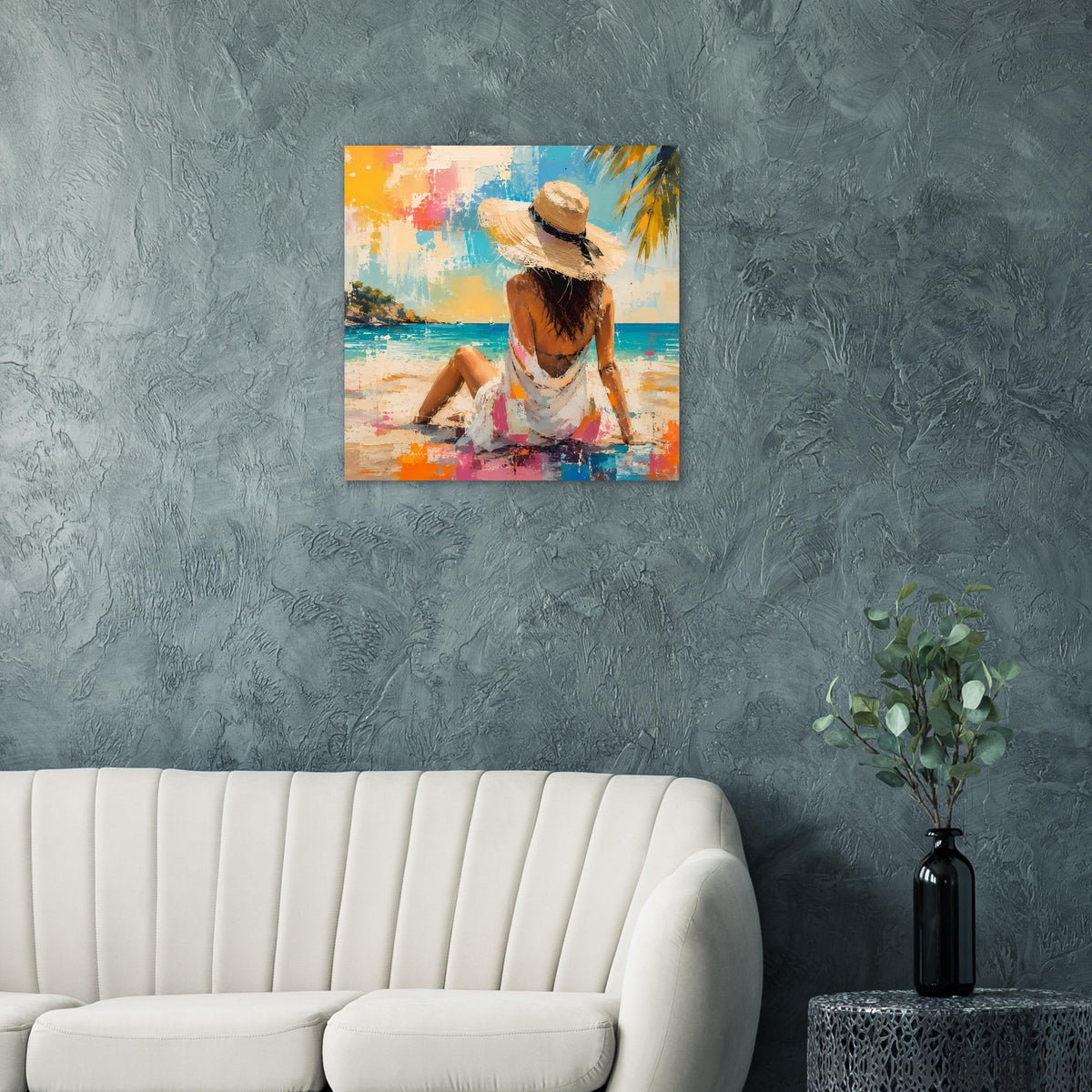 Quadratisches Poster mit Frau im Strohhut am Strand, abstraktes Sommerbild