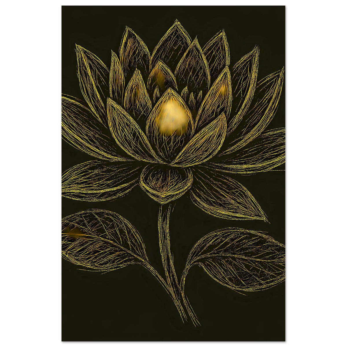 Hochformatiges Poster mit goldener Lotusblüte und Blättern, zentraler Blütenstempel