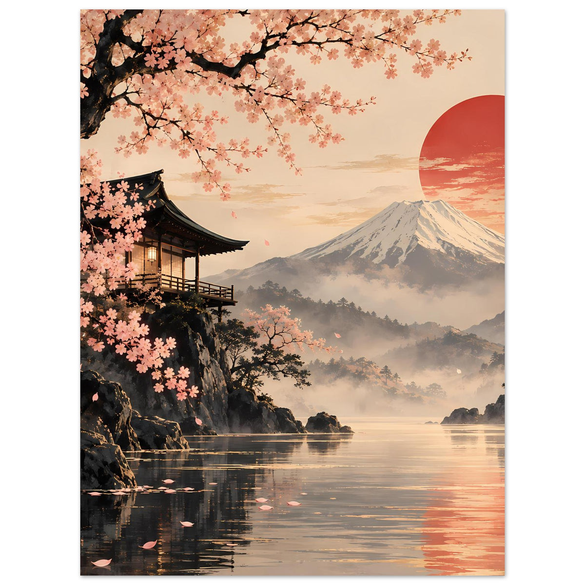 Poster mit Kirschblüten über See, links Pagode, mittig Fuji-Berg und rechts rote Sonne