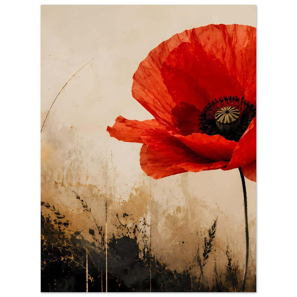 Poster mit leuchtend roter Mohnblume, dunklem Blütenzentrum und langem Stiel.