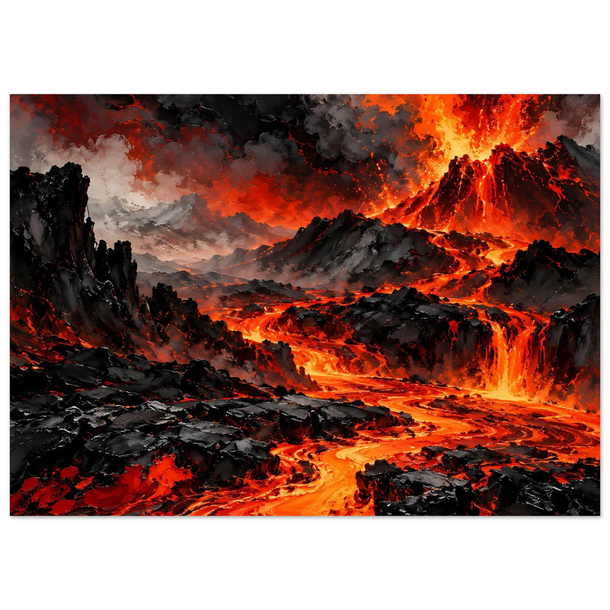 Poster Vulkaneruption mit brennender Lava in Schluchten und Feuerfontänen im Hintergrund.