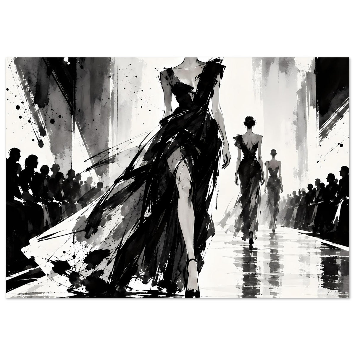 Mode-Illustrationsposter, schwarz-weiß: Frau im voluminösen Kleid, mehrere Modelle in Reihe dahinter.