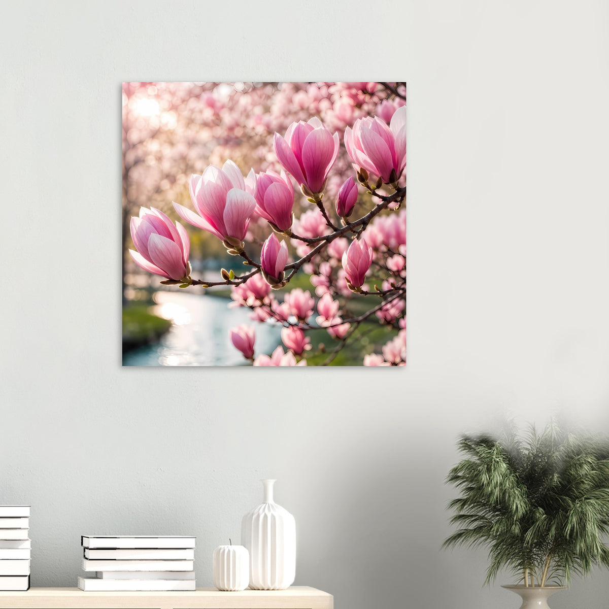 Blumenposter im Rahmen mit Magnolienzweig in Pink und Weiß, quadratischer Zuschnitt