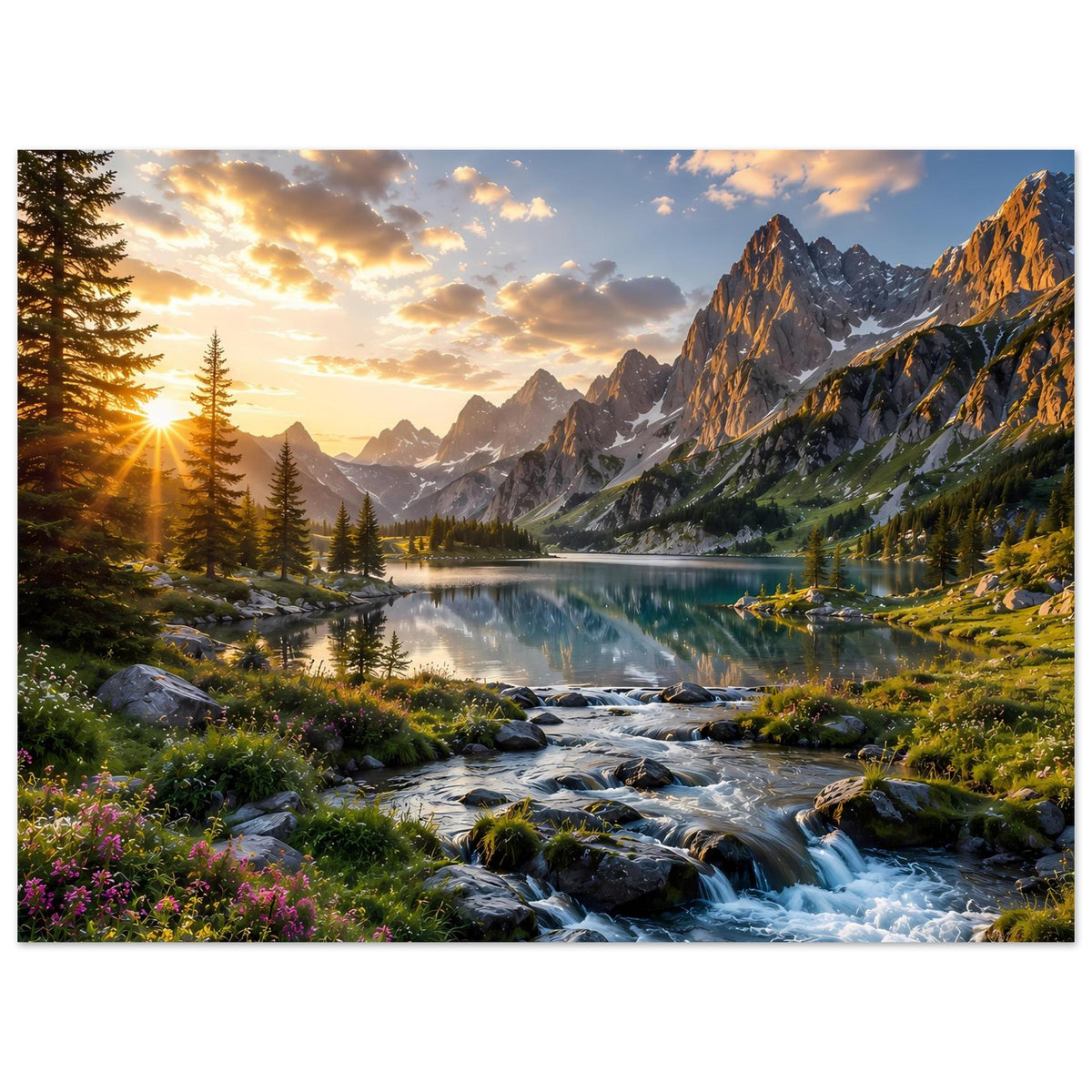 Querformat-Poster: Sonnenstrahlen am Berg, Wald, spiegelnder See und Bachlauf