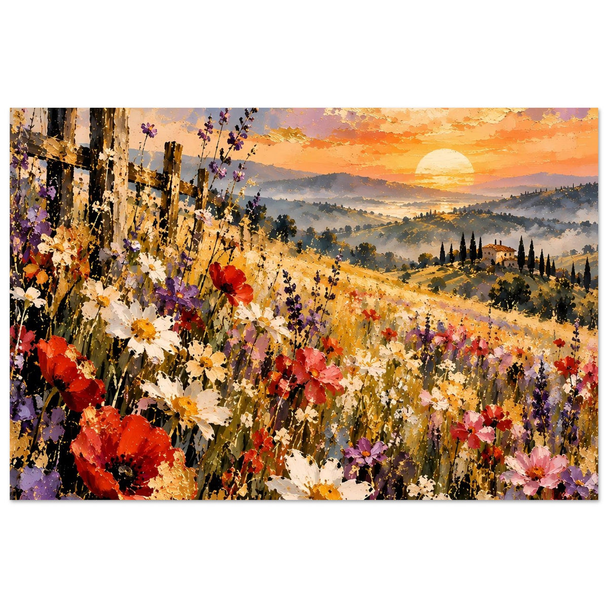 Landschaftsposter mit weitläufiger Sommerwiese, Mohnblumen und Sonnenuntergang
