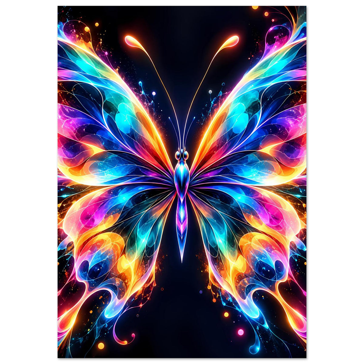 Neon-Schmetterlingsposter im Hochformat, schwebender Schmetterling mit Regenbogenflügeln