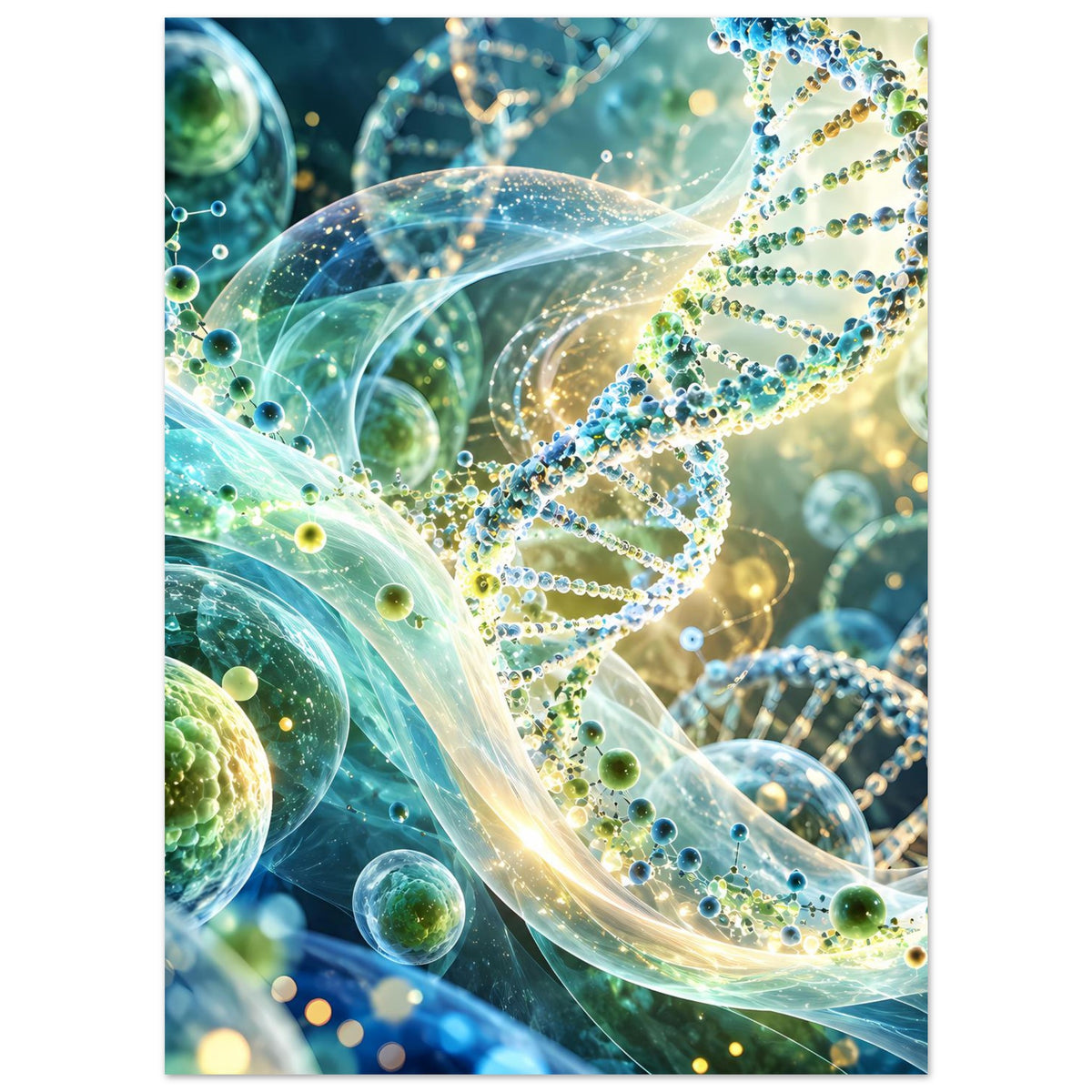 Vertikales Biotechnologie-Poster mit DNA-Doppelhelix, grünen Kügelchen und vernetzten Linien
