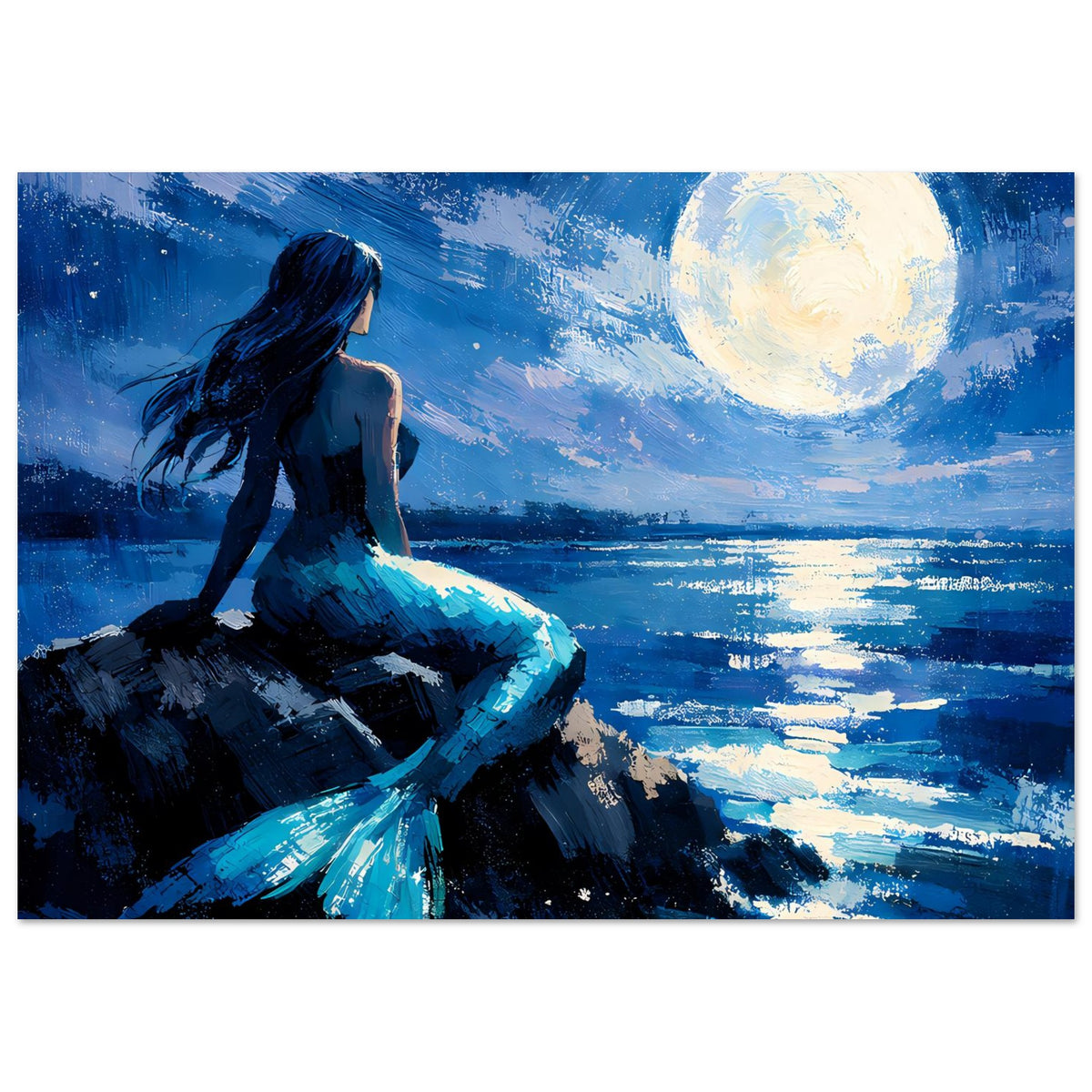 Premium-Mattposter: Meerjungfrau in Blau, Schuppenschwanz, Mond über Wasser (Querformat)