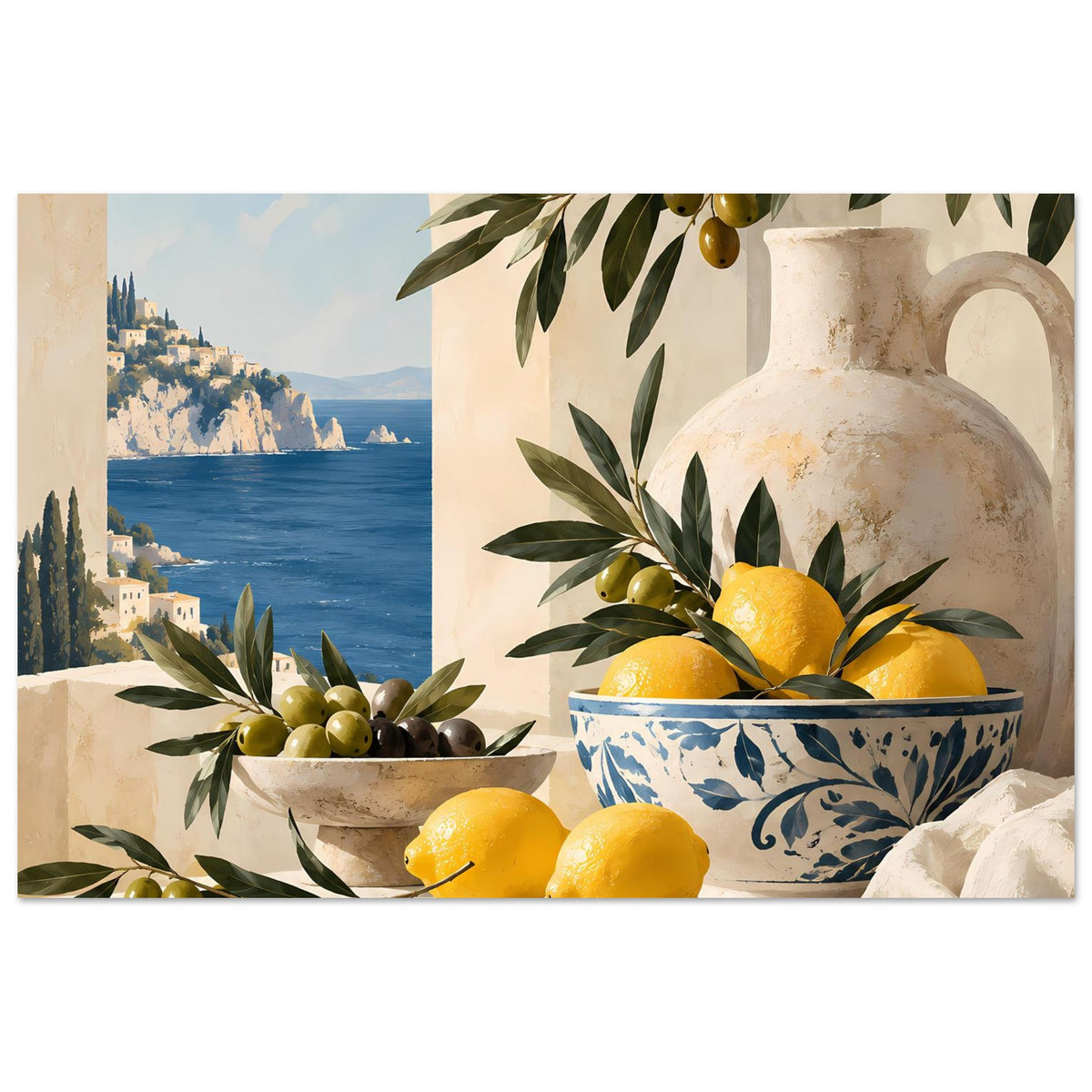 Mediterranes Poster mit Zitronen, Oliven und Zweigen vor Keramikvase und Schale