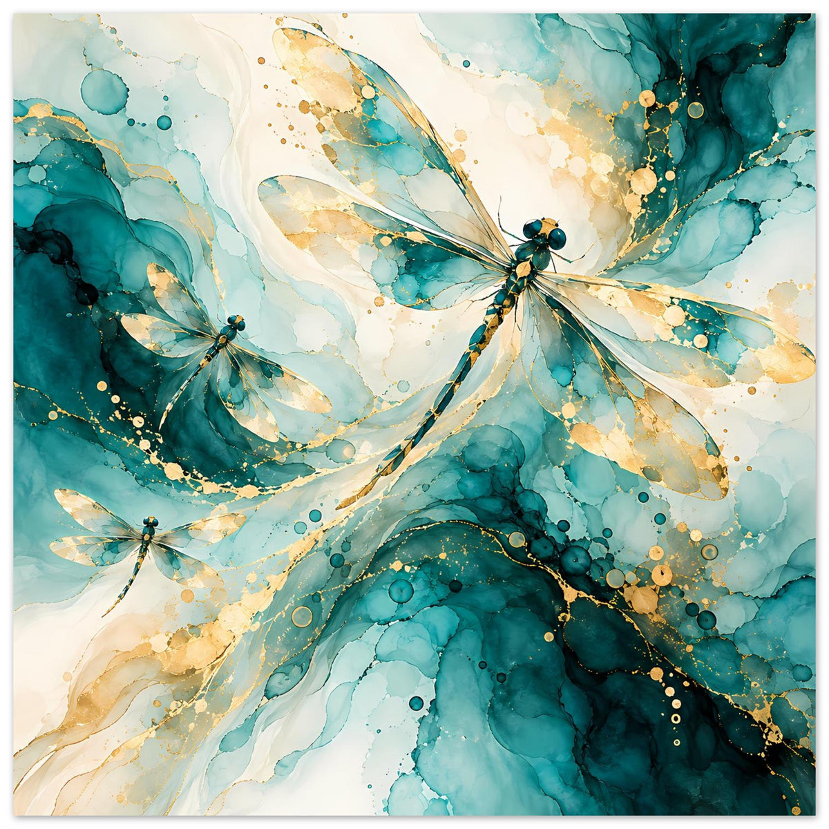 Kunstposter im Hochformat mit abstrakten Libellen in Türkis, Goldakzenten und Aquarellwirbeln