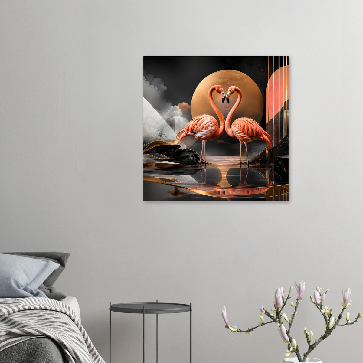 Kleines Kunstposter mit zwei Flamingos in Herzform, goldenem Kreis und orangefarbenen Streifen