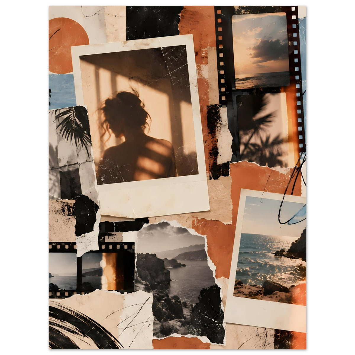 Collage-Poster mit Vintage-Fotocollage, Filmstreifen, Landschaftsbild und dezenten Kritzeleien