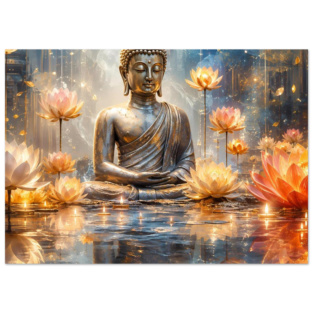 Zen-Serenity-Poster querformatig: goldener Buddha im Meditationssitz, leuchtende Lotusblüten