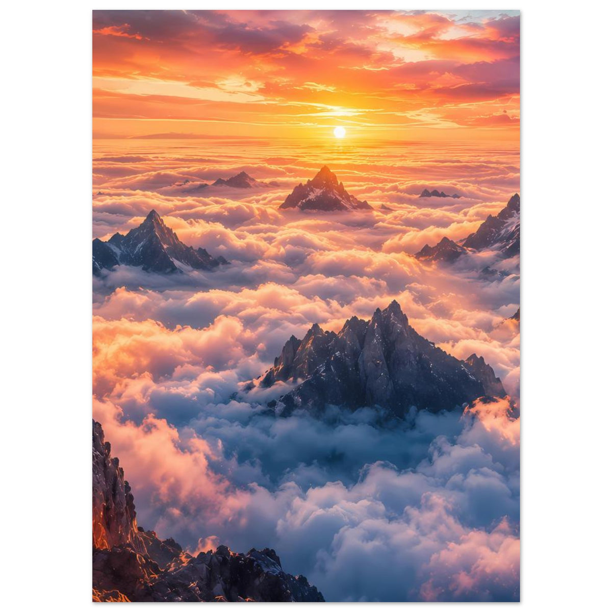 Poster mit Sonnenaufgang über Bergkamm über Wolken, vertikales Format