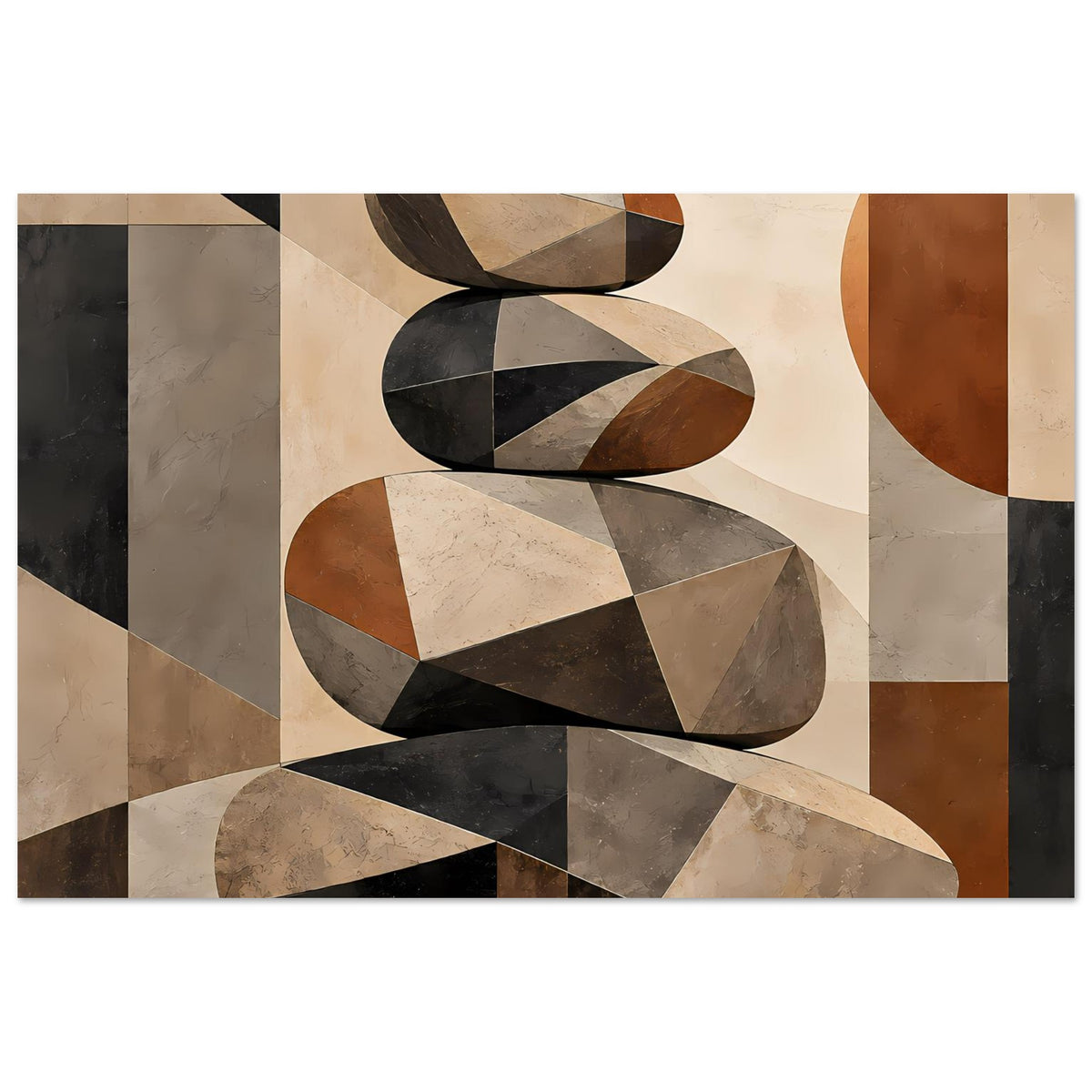 Kunstposter mit Zen-Skulptur-Optik: gebogene Steinformen in Beige, Braun und Grau
