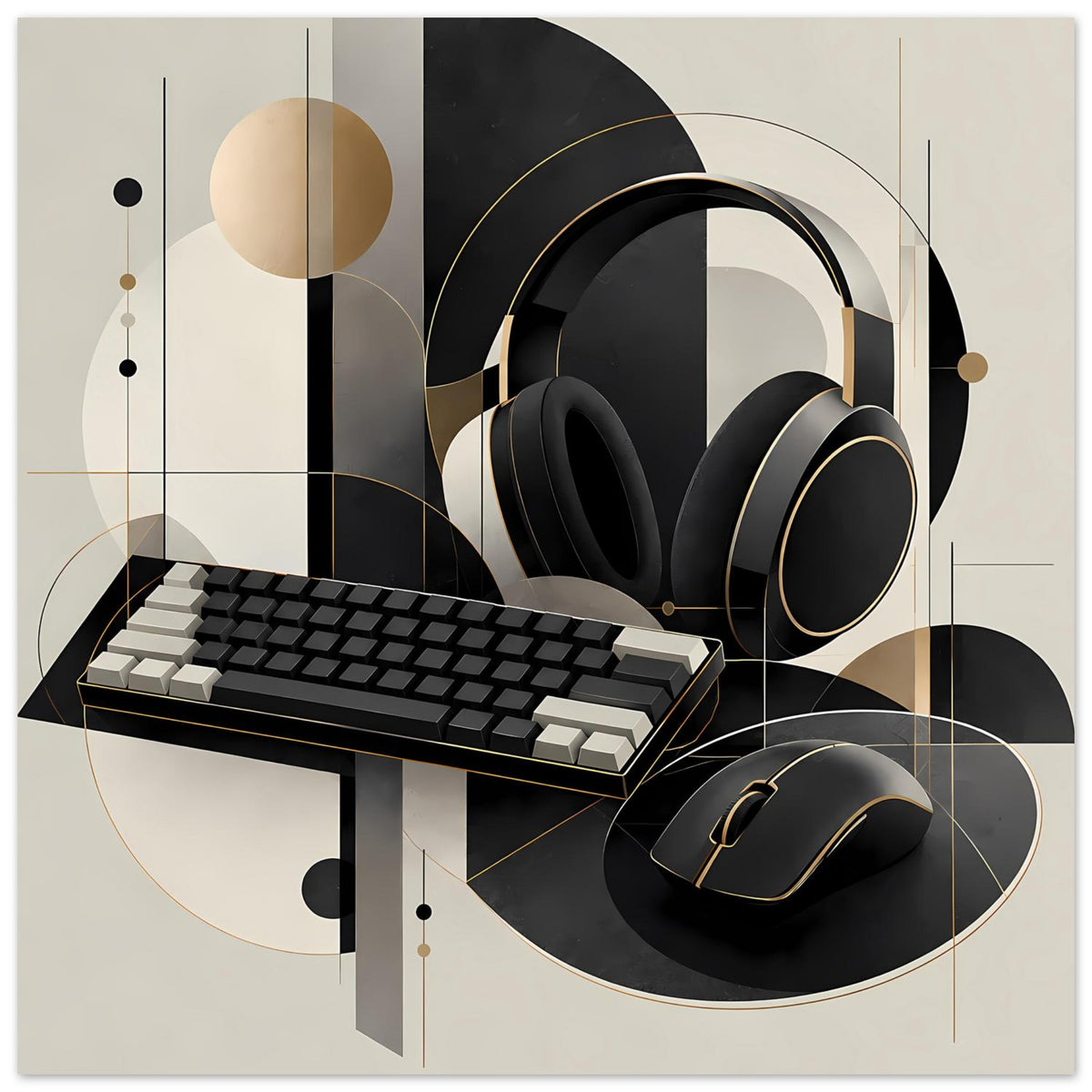 Gaming-Poster: Tastatur, Headset und Maus in Schwarz mit goldenen Linien und beigen Flächen